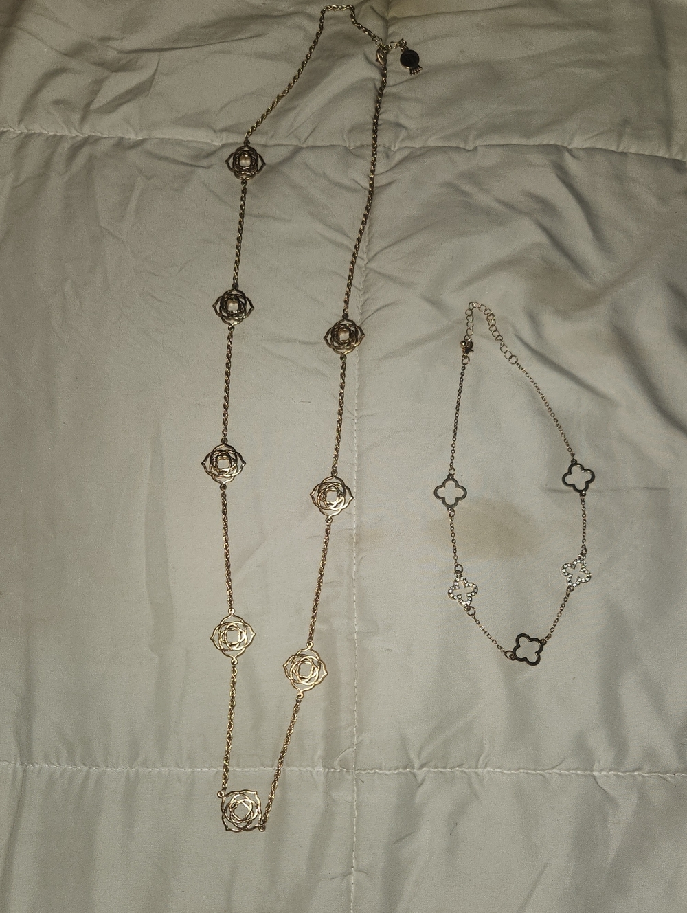 Gold Floral Long Necklace and Clover Link Bracelet Set - Women Jewelry